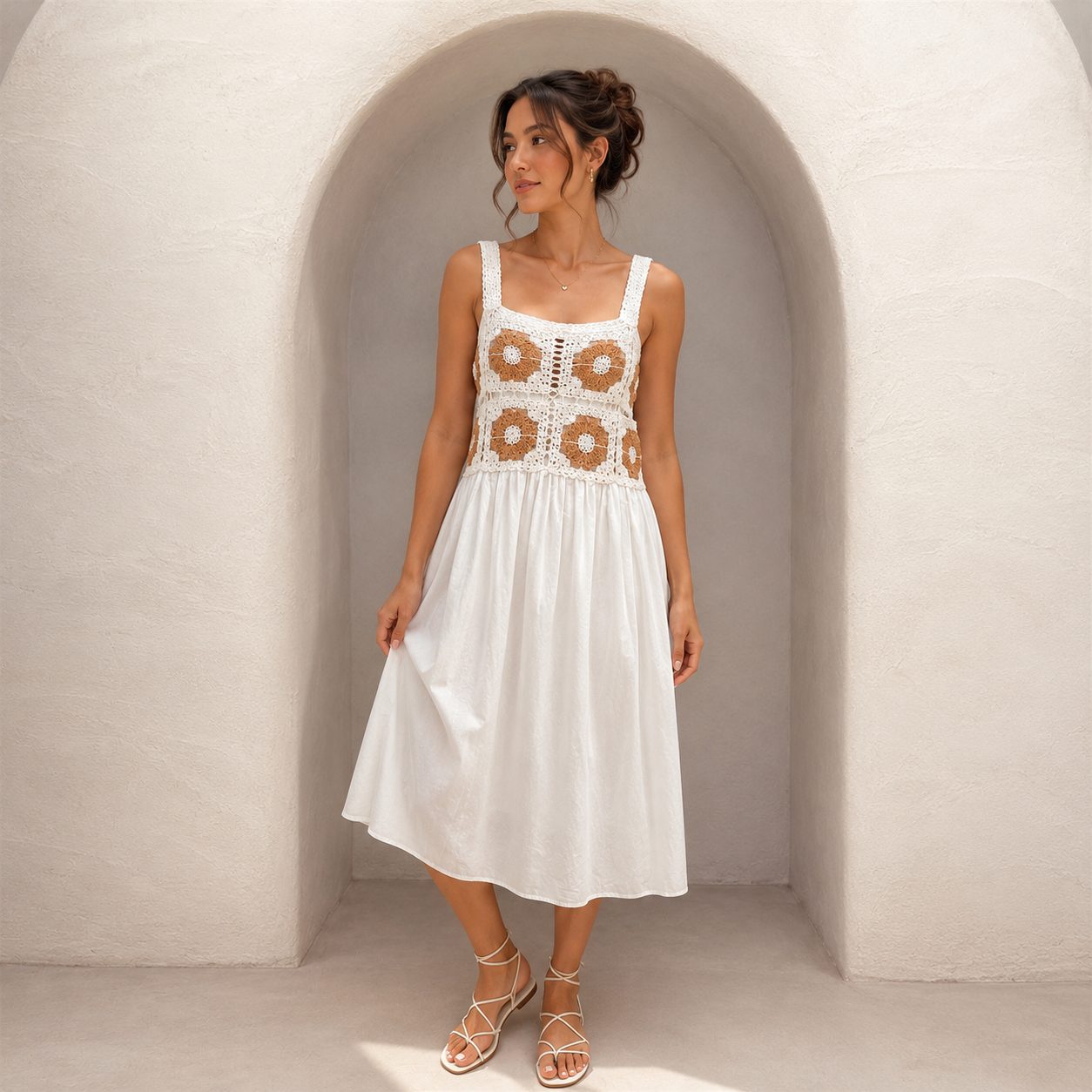 Boho Crochet Sunflower Midi Dress