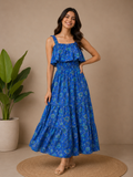 Azure Floral Tiered Midi Dress with Ruffle Bodice