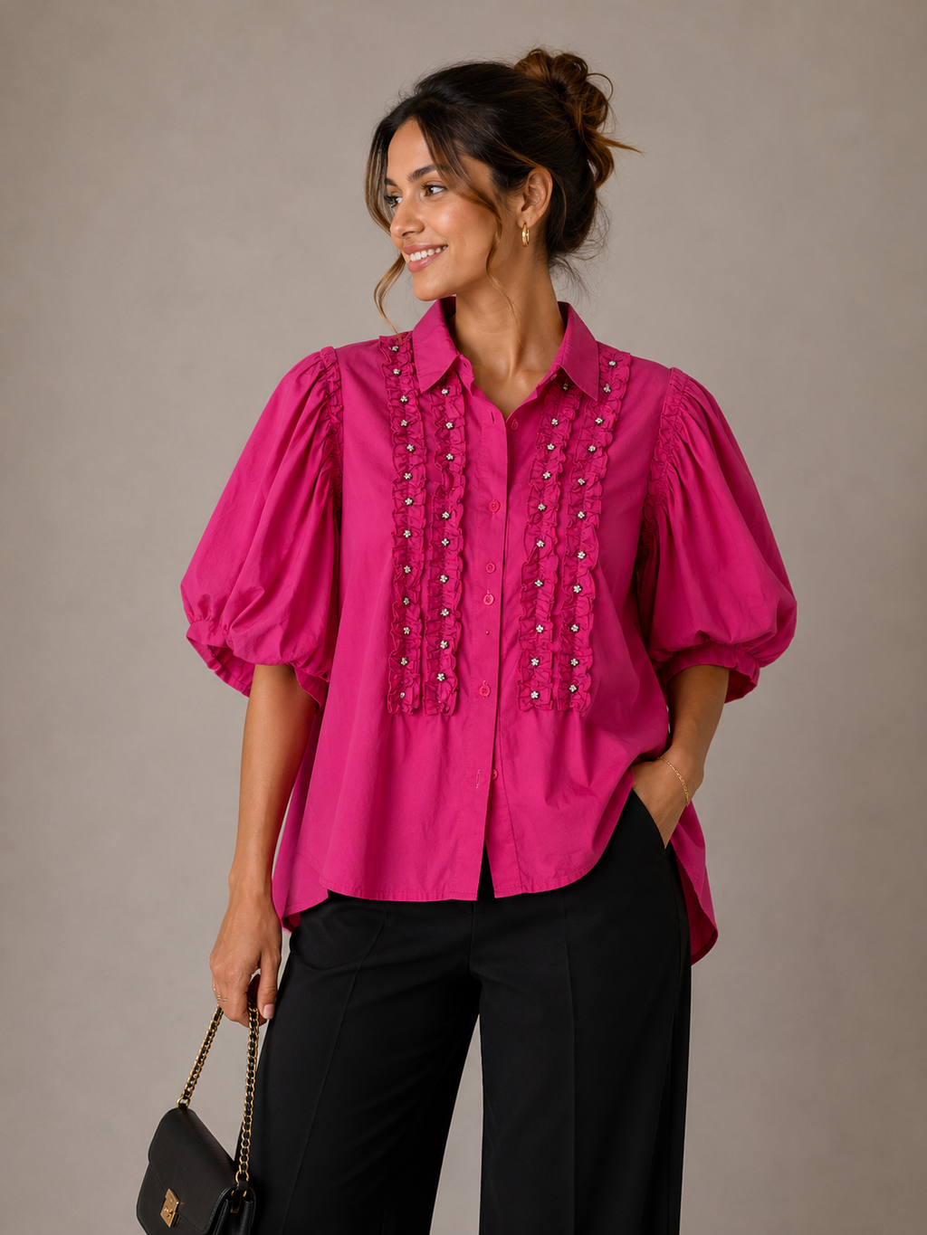 Fuchsia Charm Embellished Puff Sleeve Shirt