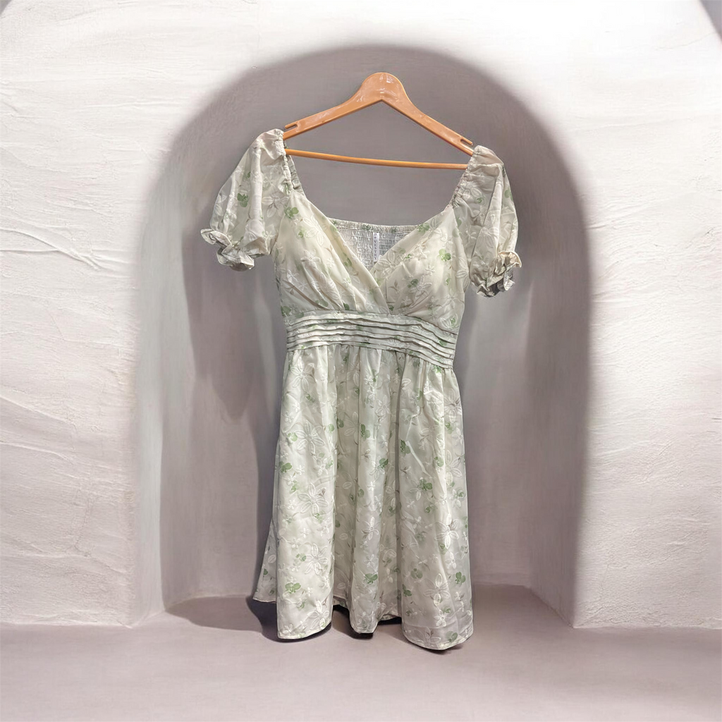Sage Bloom Puff Sleeve Mini Dress
