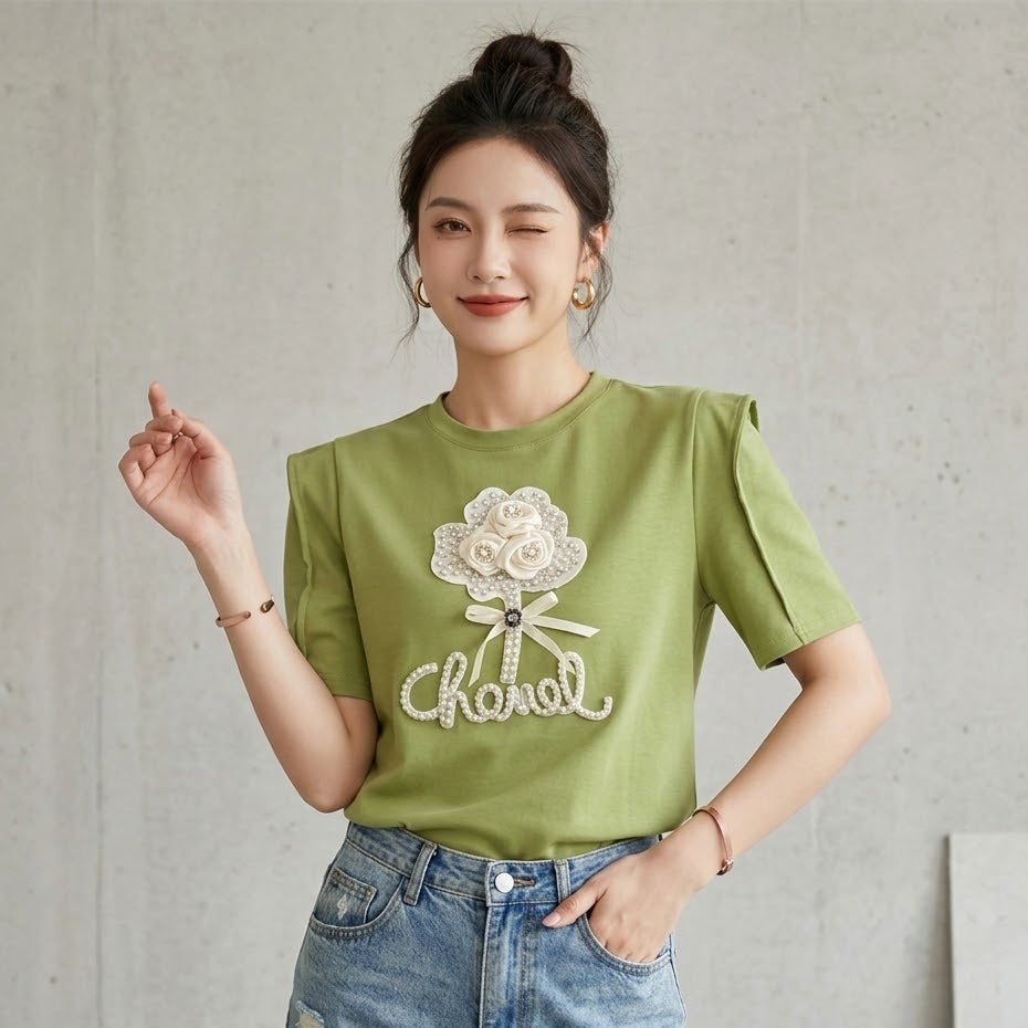 Botanical Pearl Embellished Tee – Olive