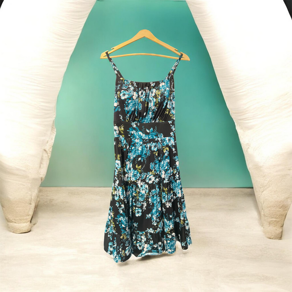 Women’s Floral Tiered Sundress – Blue & Teal Ruched Midi Dress