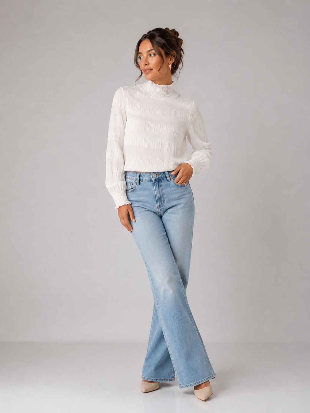 Elegant Ivory Smocked High Neck Top