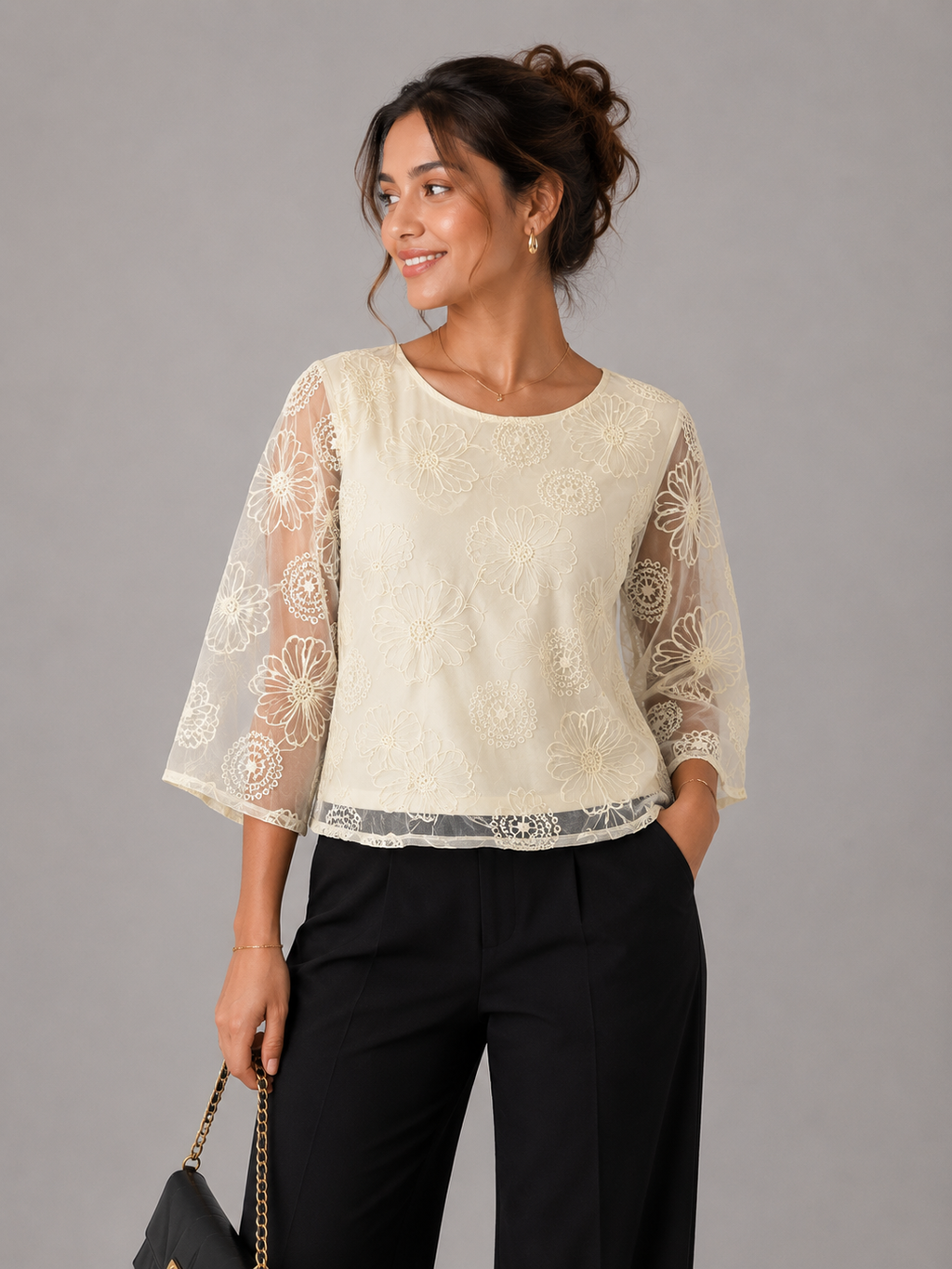 Ivory Bloom Sheer Floral Embroidered Top