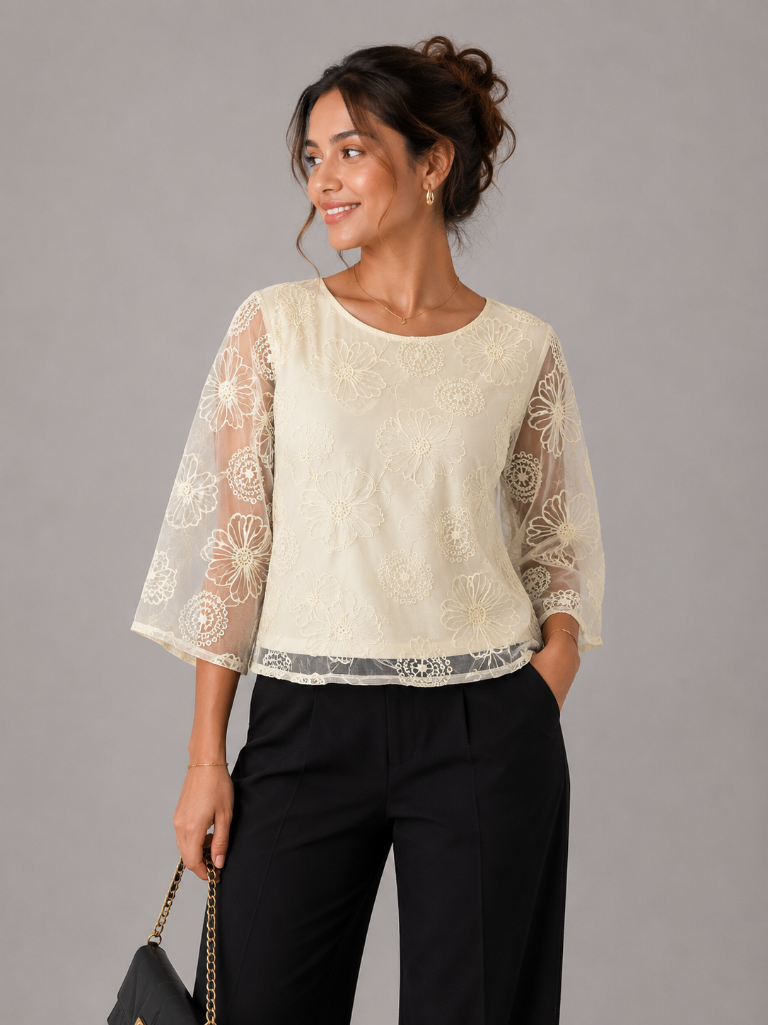 Ivory Bloom Sheer Floral Embroidered Top