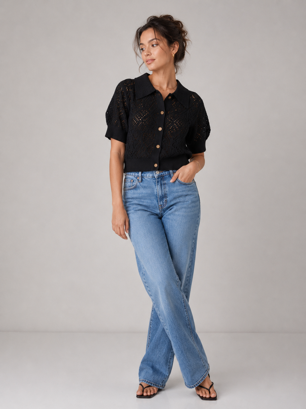 Noir Knit Button-Up Crochet Top
