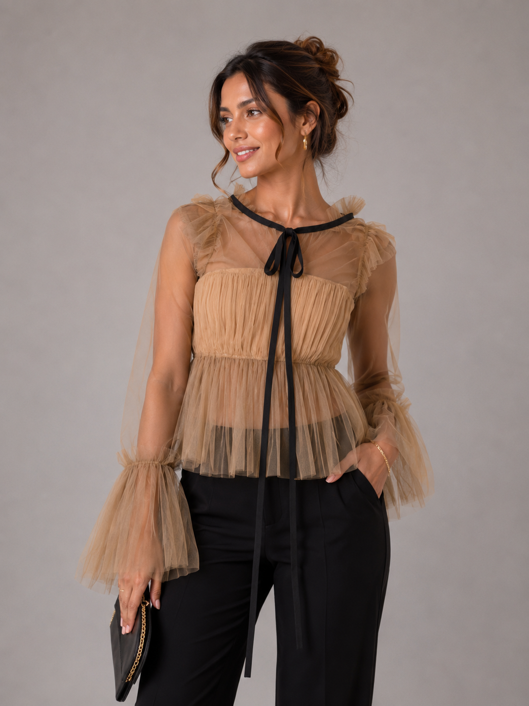 Mocha Sheer Ruffle Tie-Up Party Top