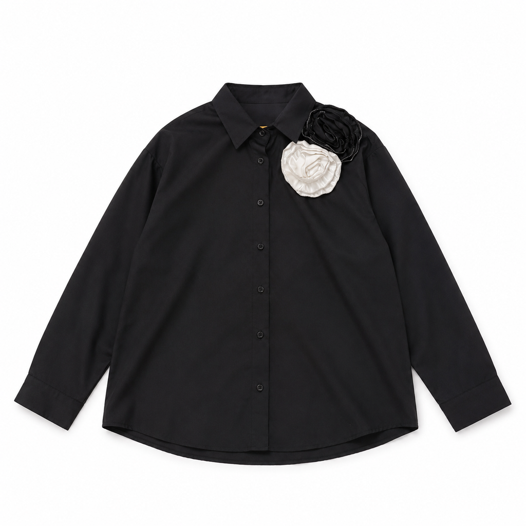 Black Floral Appliqué Oversized Shirt for Women