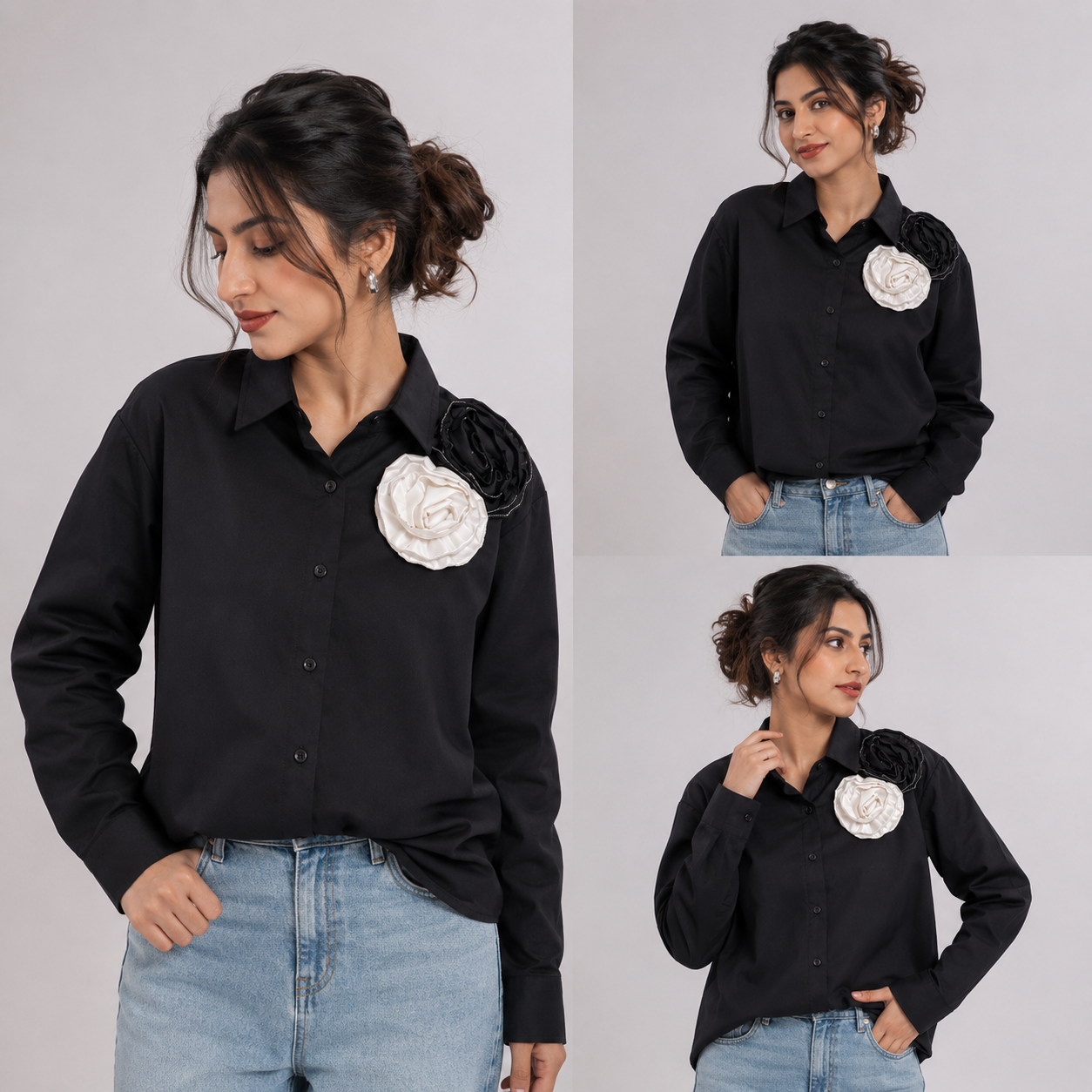 Black Floral Appliqué Oversized Shirt for Women