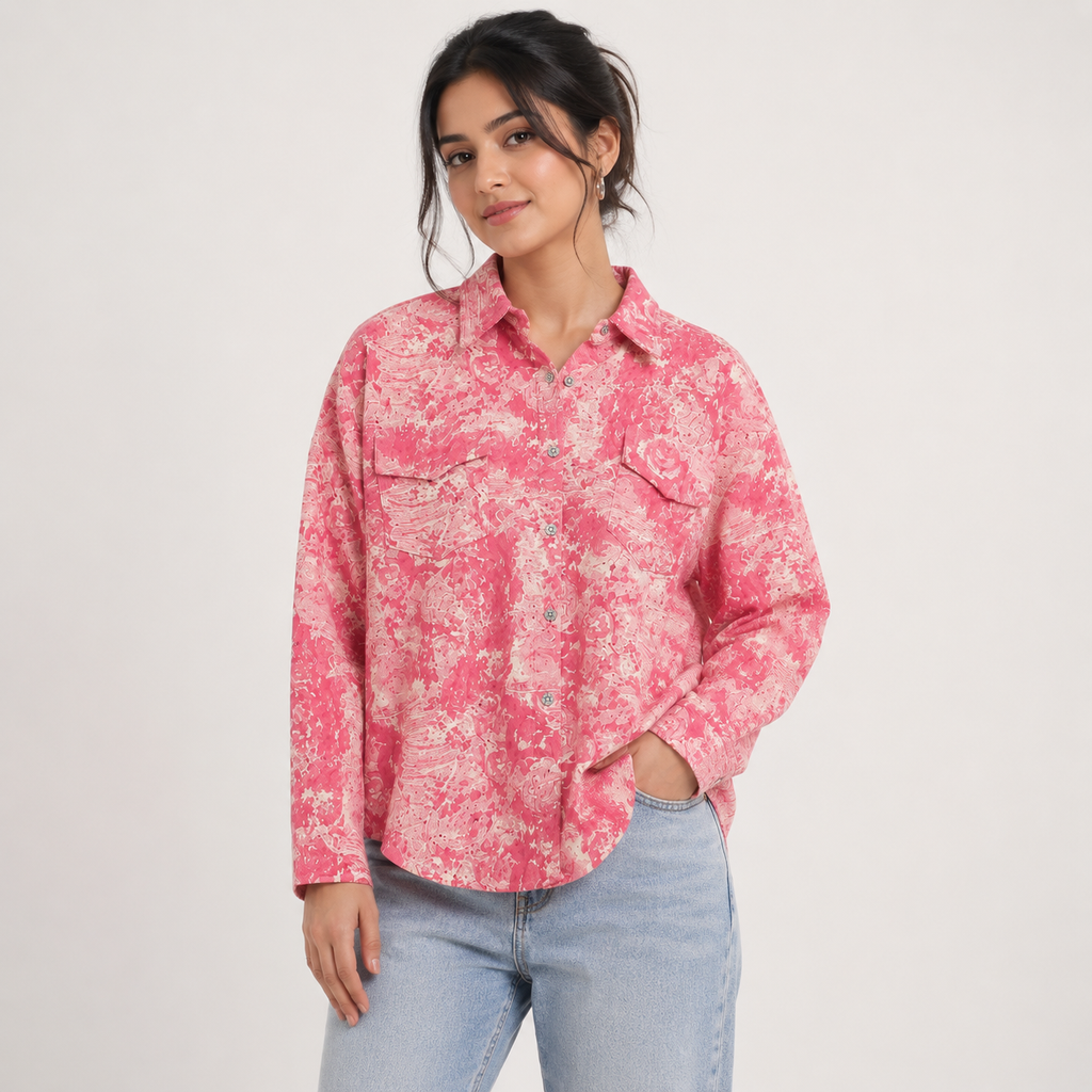 Pink Abstract Print Oversized Shirt for Women