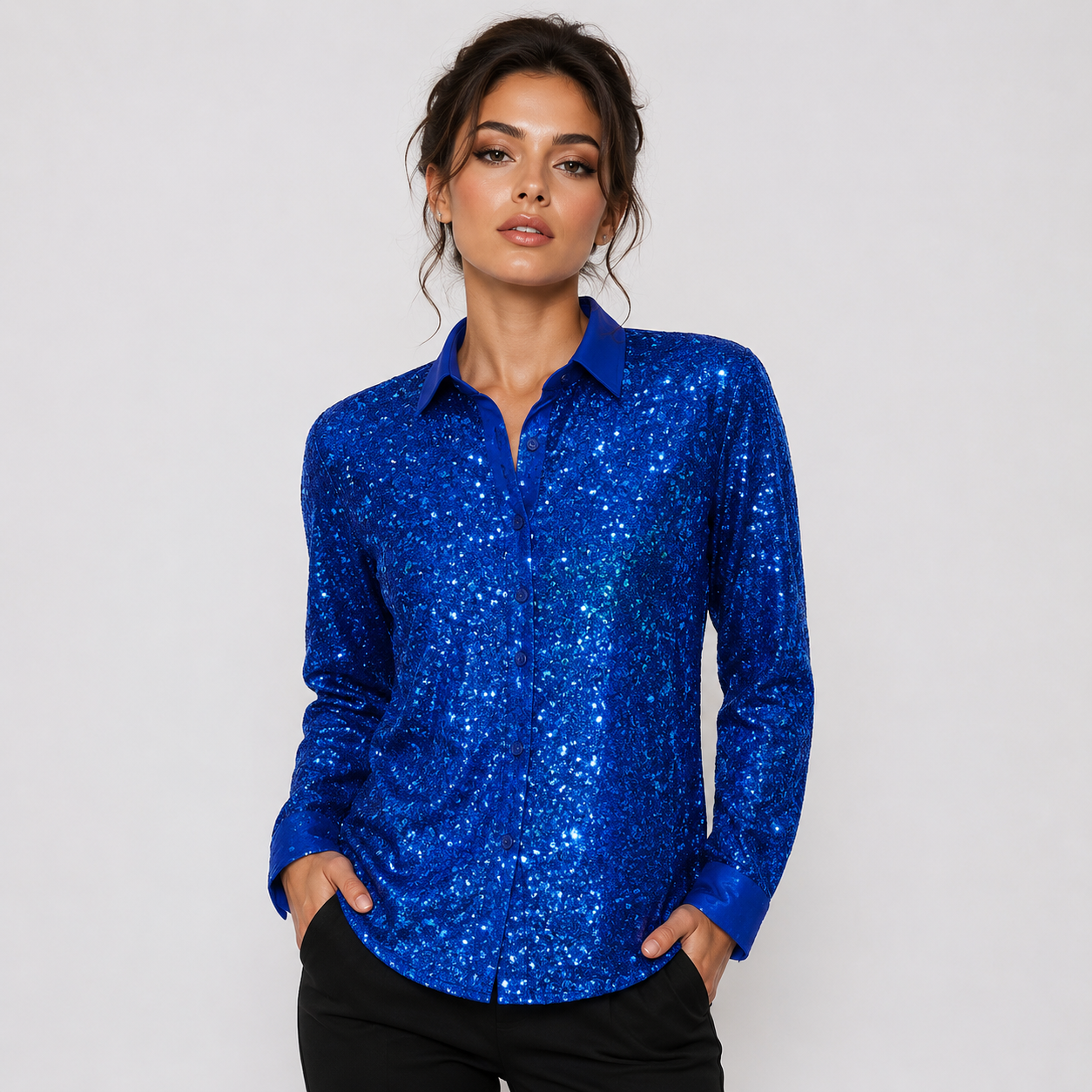 Royal Blue Sequin Party Shirt for Women | Sparkly Full Sleeve Glam Top