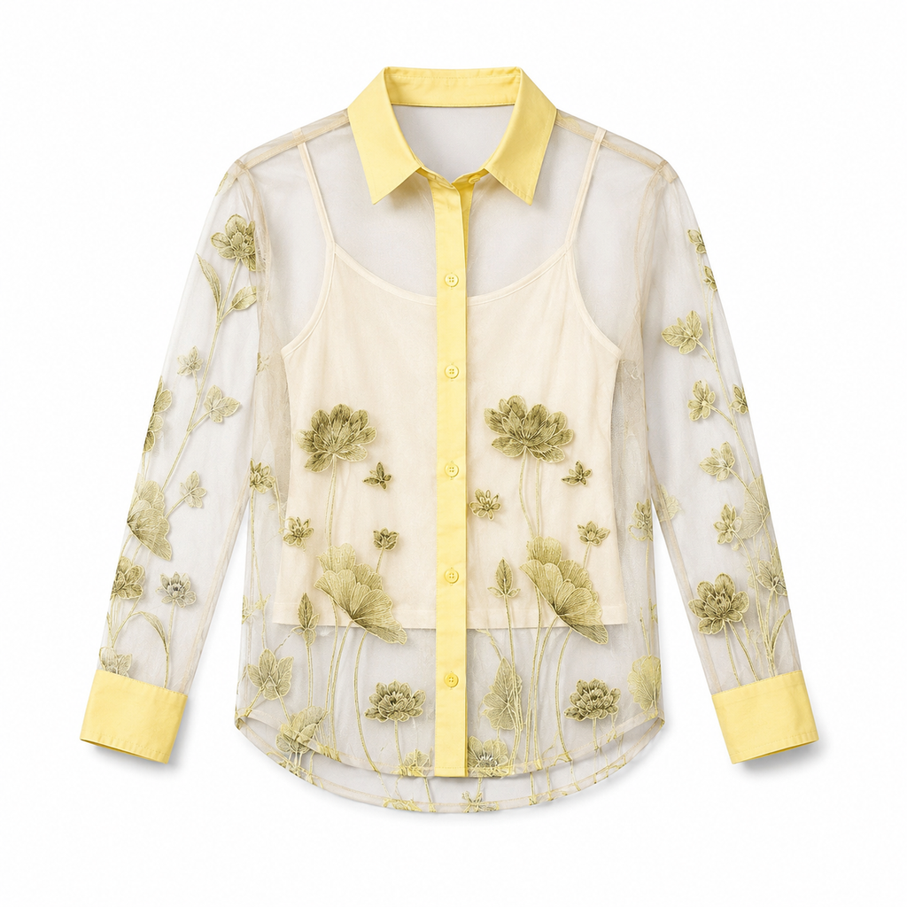 Elegant Sheer Floral Embroidered Women’s Shirt | Premium Transparent Party Top