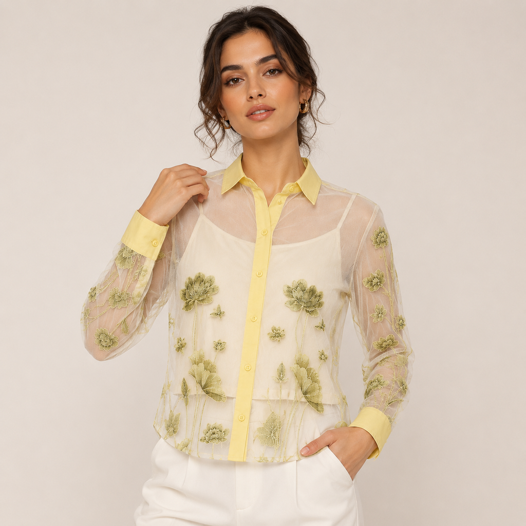Elegant Sheer Floral Embroidered Women’s Shirt | Premium Transparent Party Top