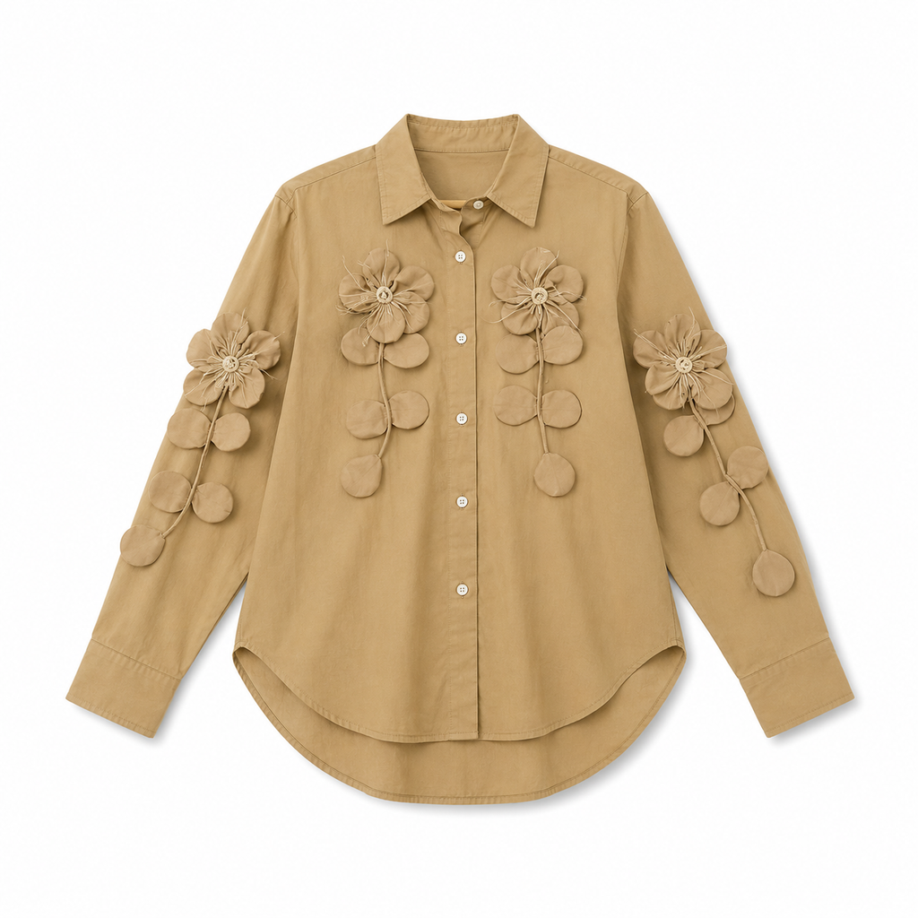 Women’s 3D Floral Appliqué Beige Shirt | Elegant Designer Casual Top