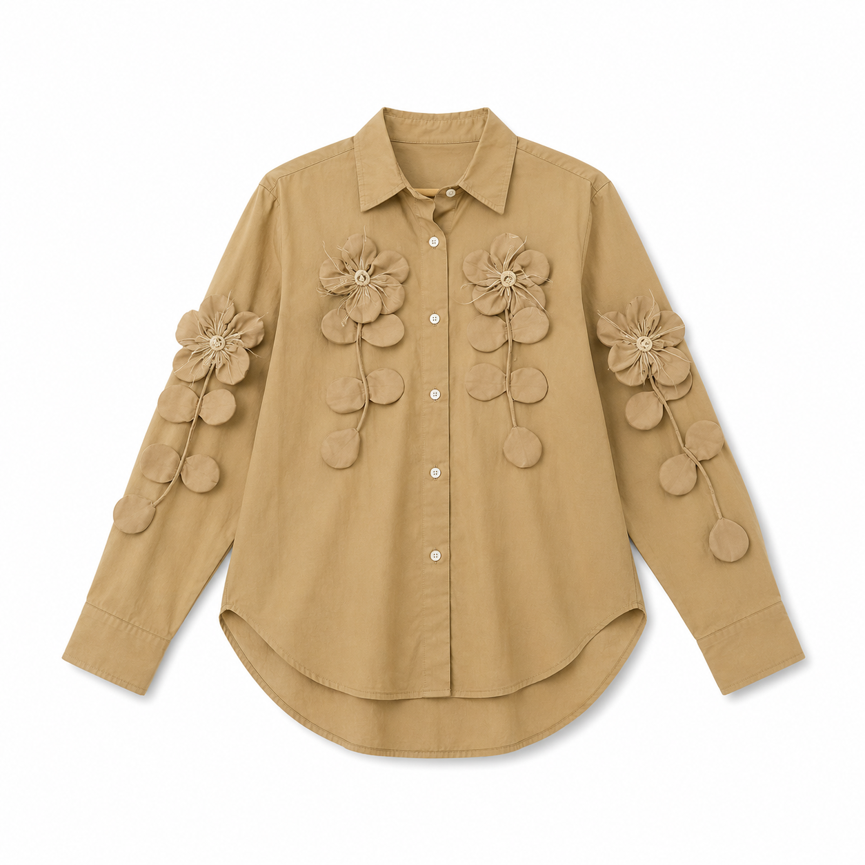 Women’s 3D Floral Appliqué Beige Shirt | Elegant Designer Casual Top
