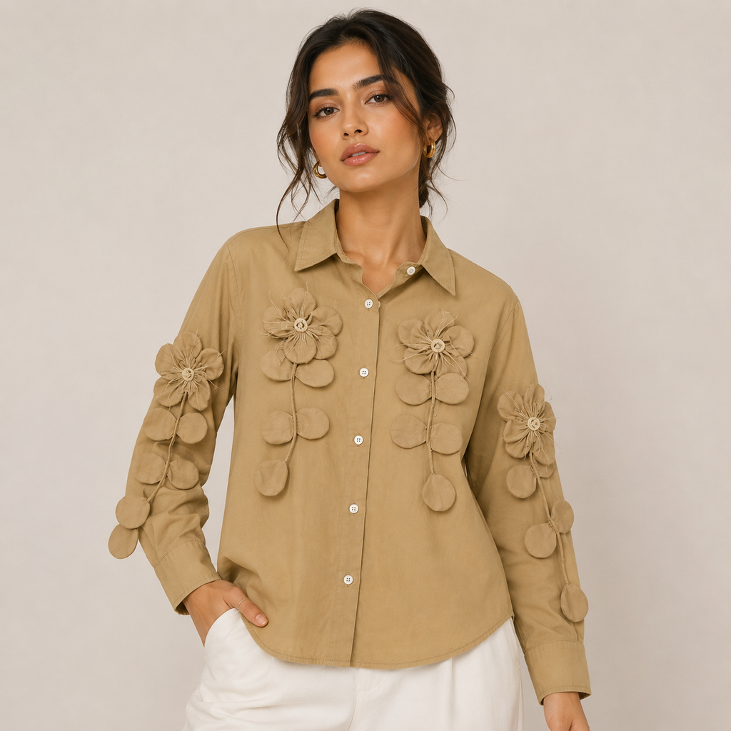 Women’s 3D Floral Appliqué Beige Shirt | Elegant Designer Casual Top