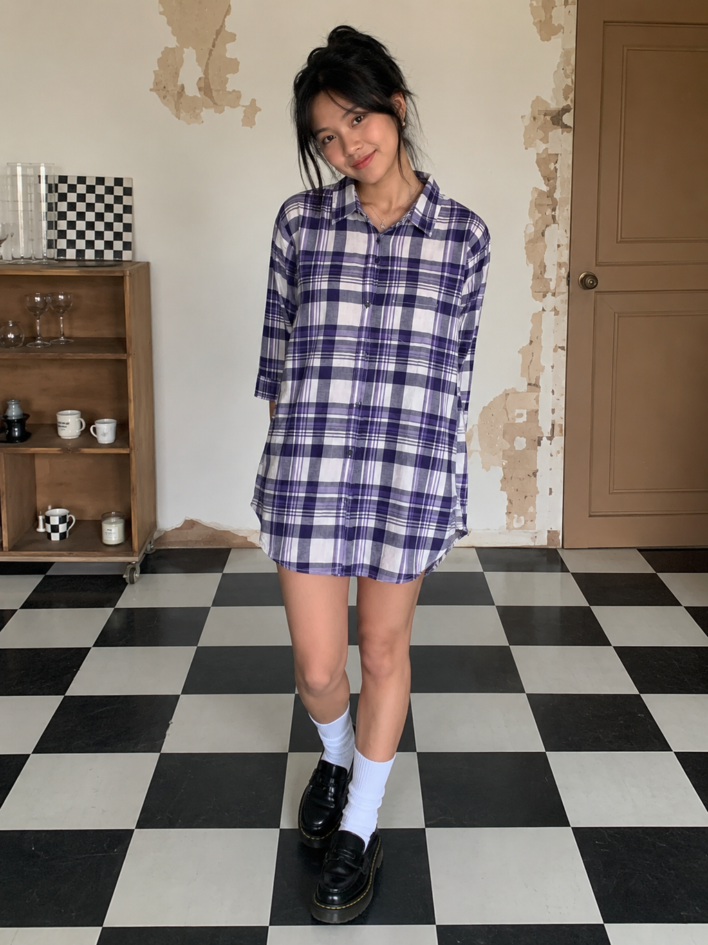Lavender Checkered Oversized Shirt Dress