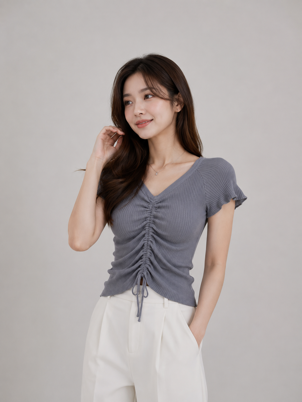 Stylish Ruched Ribbed V-Neck Top for Women – Grey