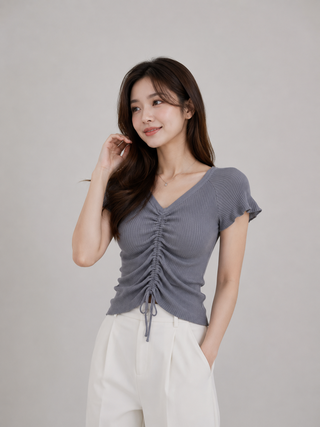 Stylish Ruched Ribbed V-Neck Top for Women – Grey