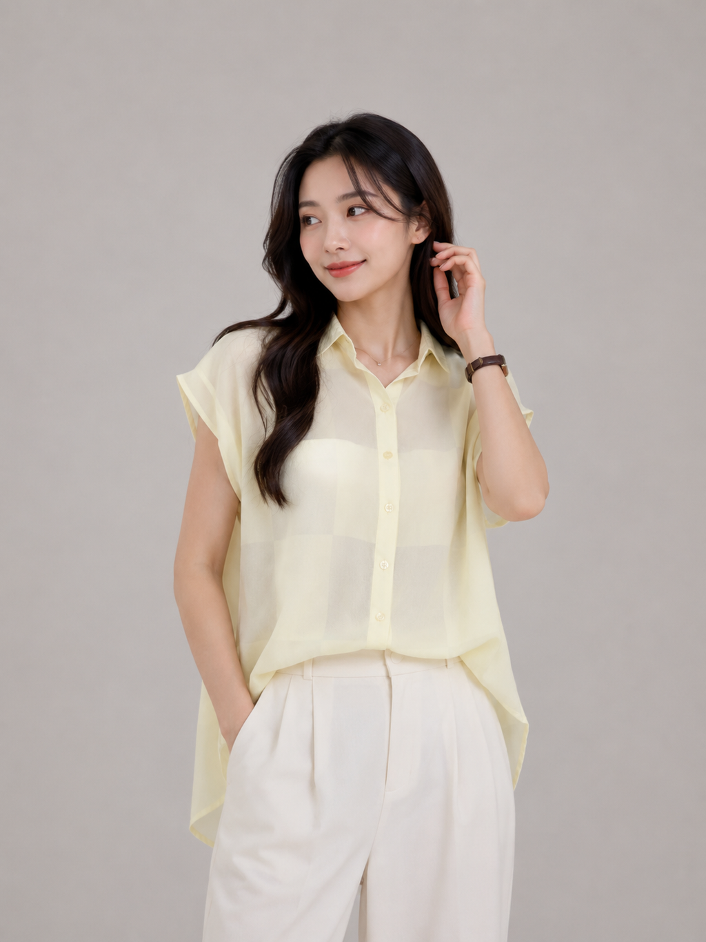 Soft Pastel Yellow Sheer Button-Down Top for Women