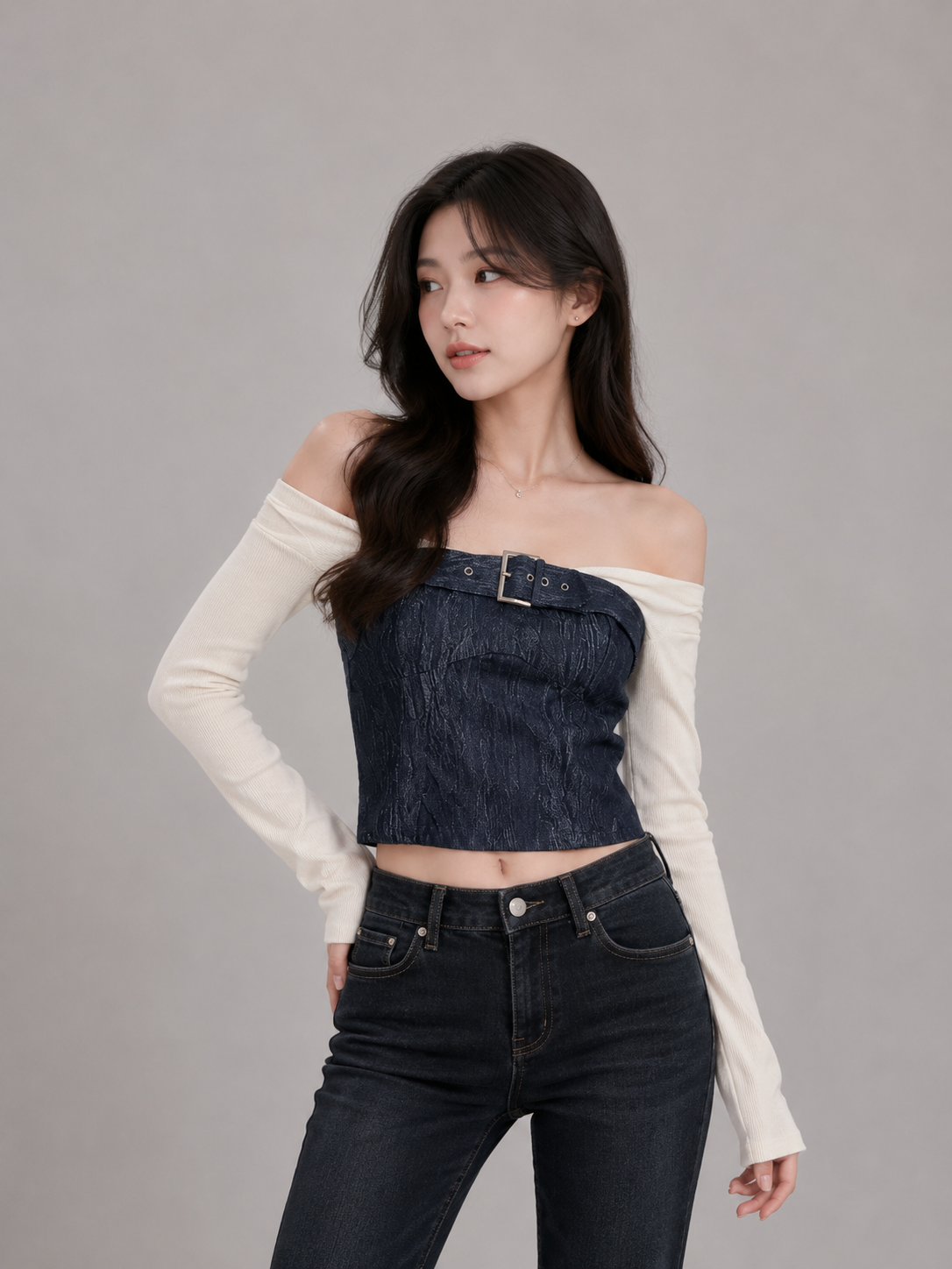 Chic Denim Buckle Off-Shoulder Crop Top