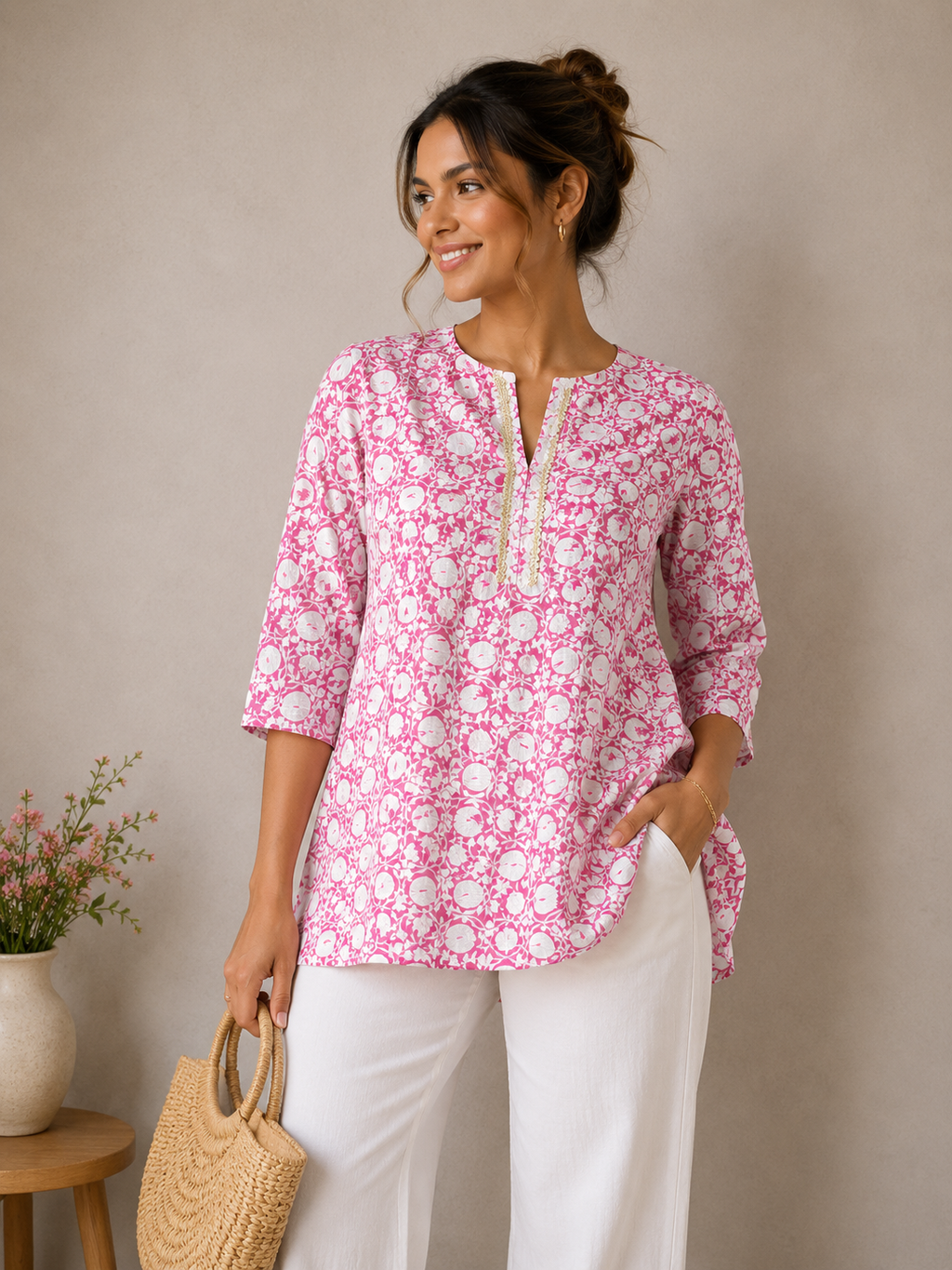 Pink Blossom Printed Kurti Top for Women