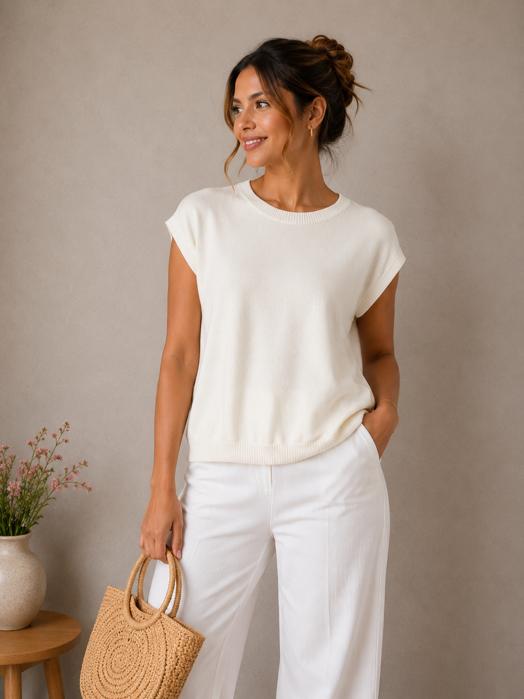 Classic Ivory Knit Sleeveless Top for Women