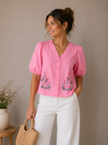 Blush Bloom Embroidered Puff Sleeve Top