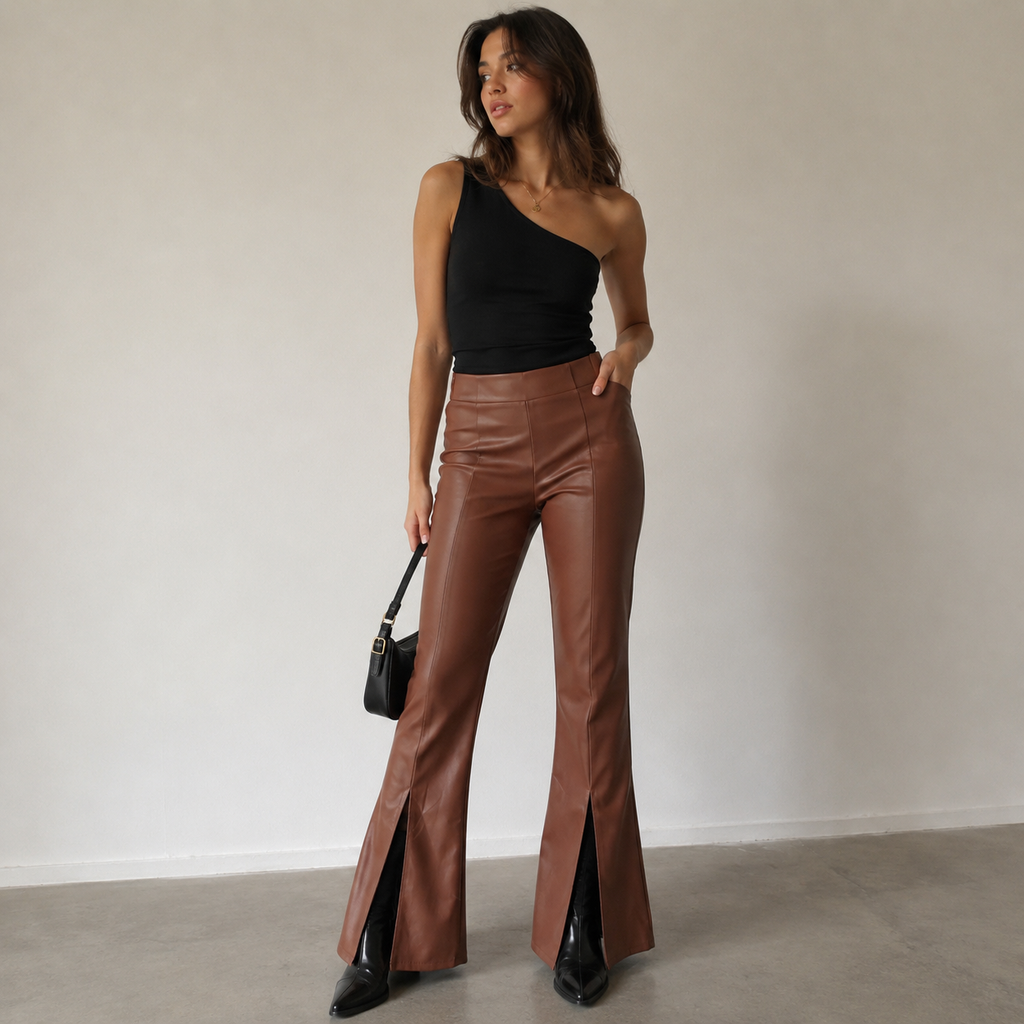 Brown Faux Leather Flared Pants