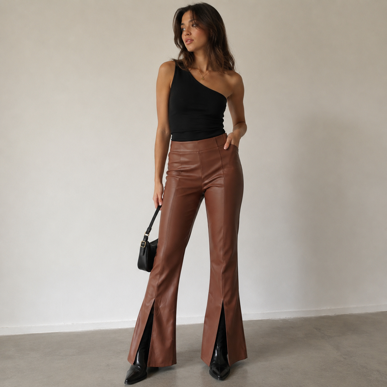 Brown Faux Leather Flared Pants