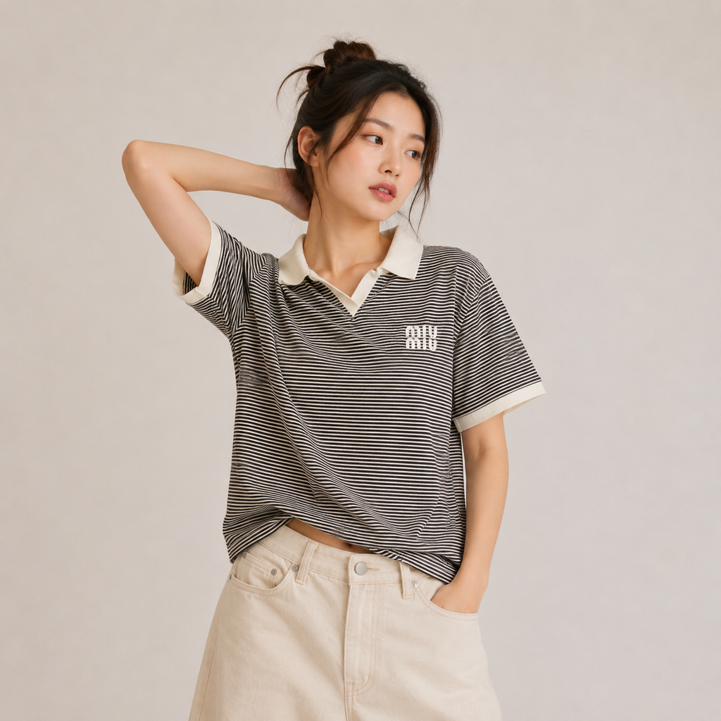 Striped Oversized Polo T-Shirt for Women