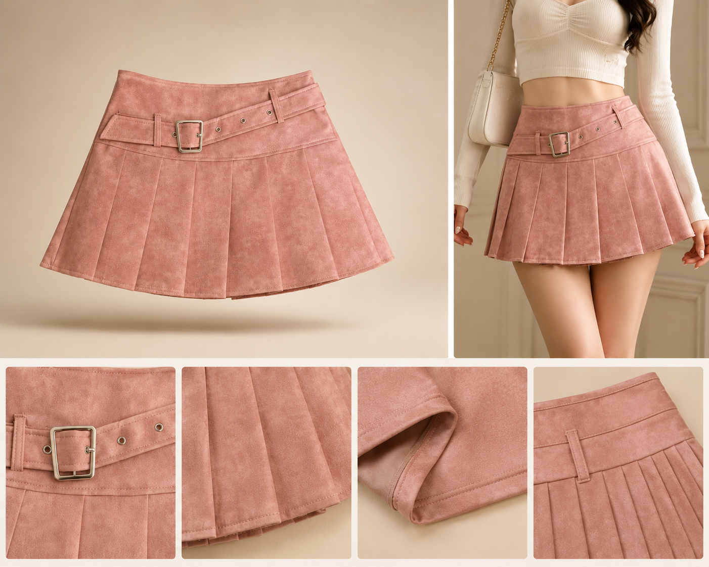 Blush Pink Belted Pleated Mini Skirt