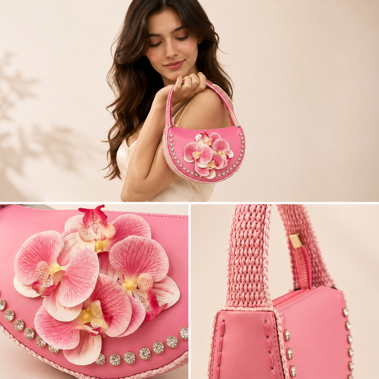 Petal Glow Half-Moon Handbag