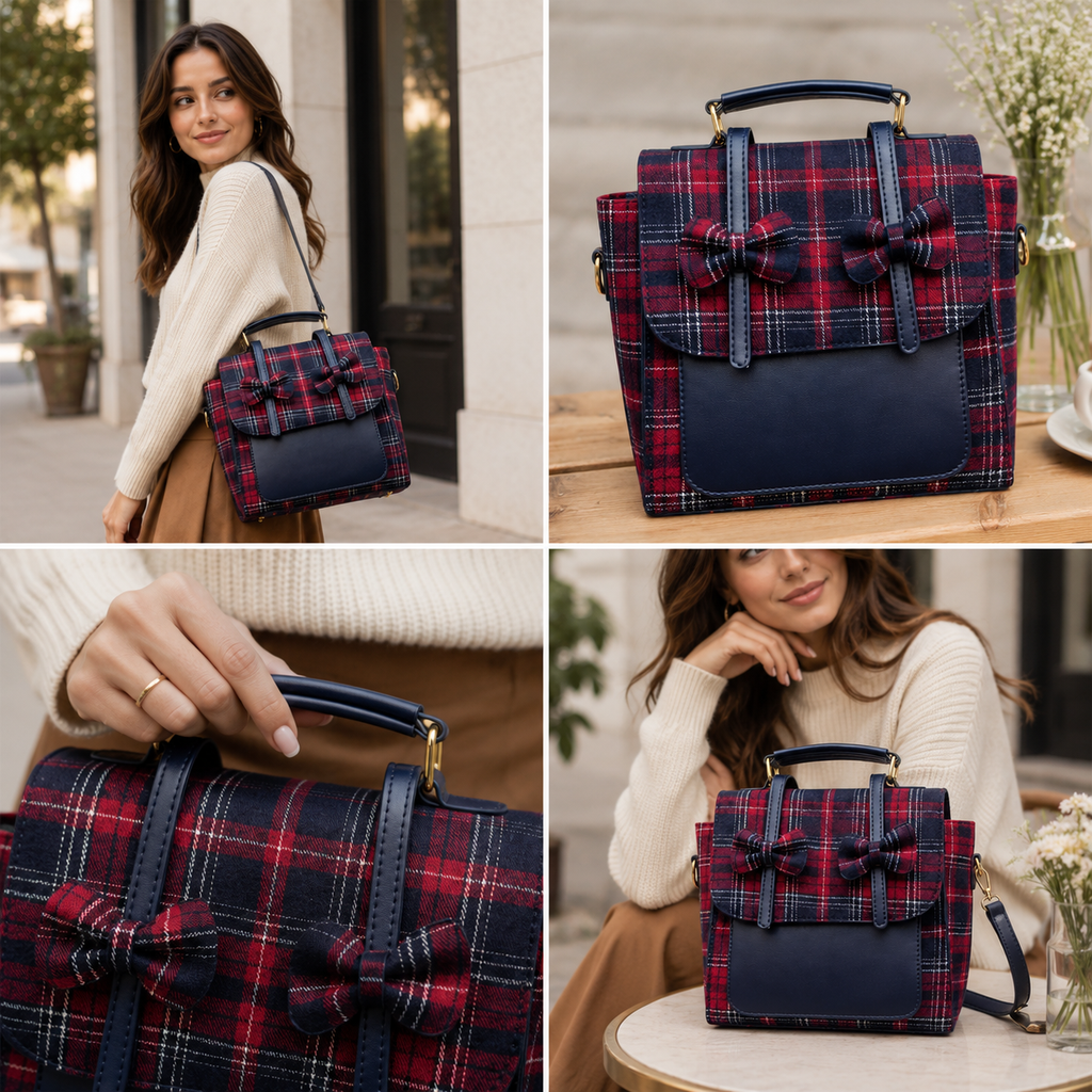 Elegant Plaid Bow Accent Satchel Handbag
