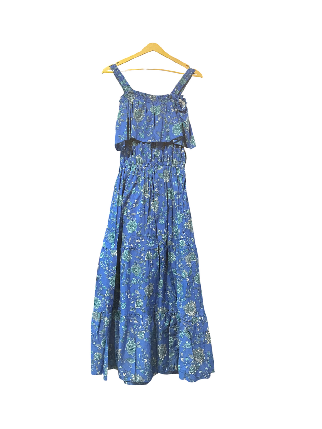 Azure Floral Tiered Midi Dress with Ruffle Bodice