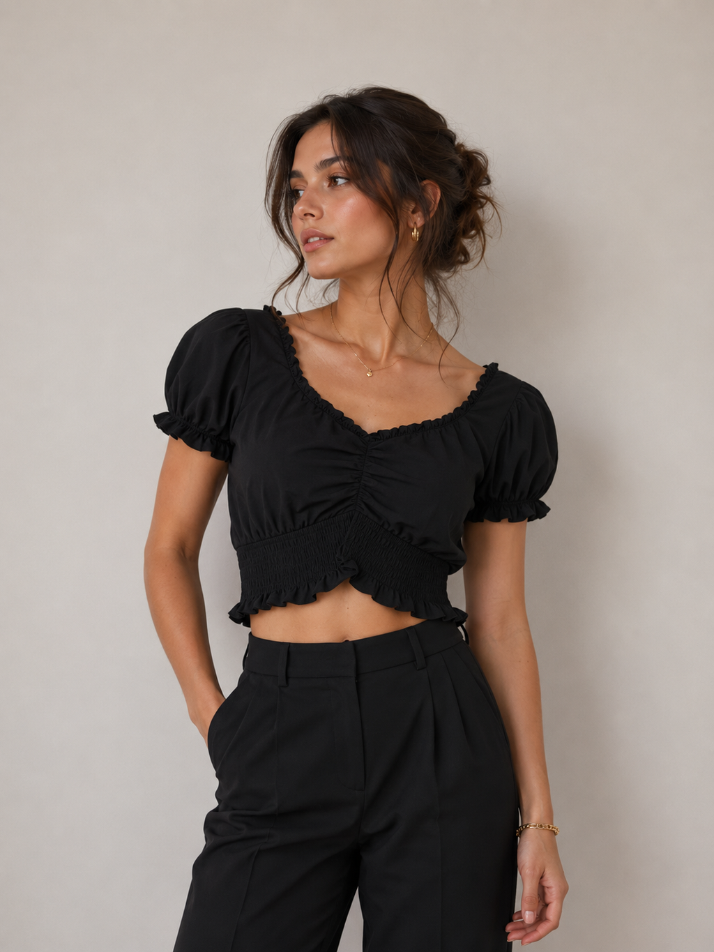 Midnight Puff Sleeve Smocked Crop Top