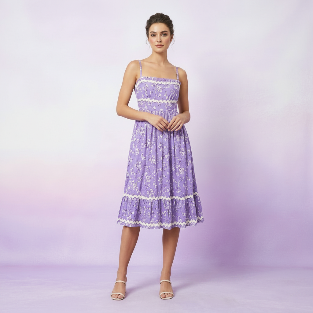 Women's Lavender Floral Knee-Length Sundress with Scalloped Trim