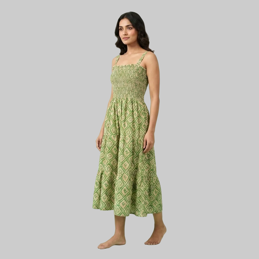 Boho-Chic Smocked Tiered Midi Dress