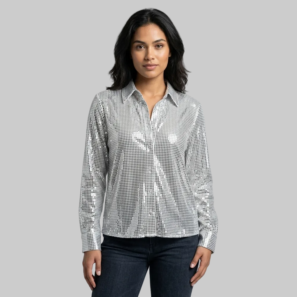 Liquid Silver Disc-Sequin Statement Shirt – Reflective Metallic