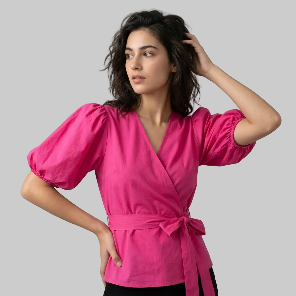 Magenta Puff-Sleeve Wrap Blouse