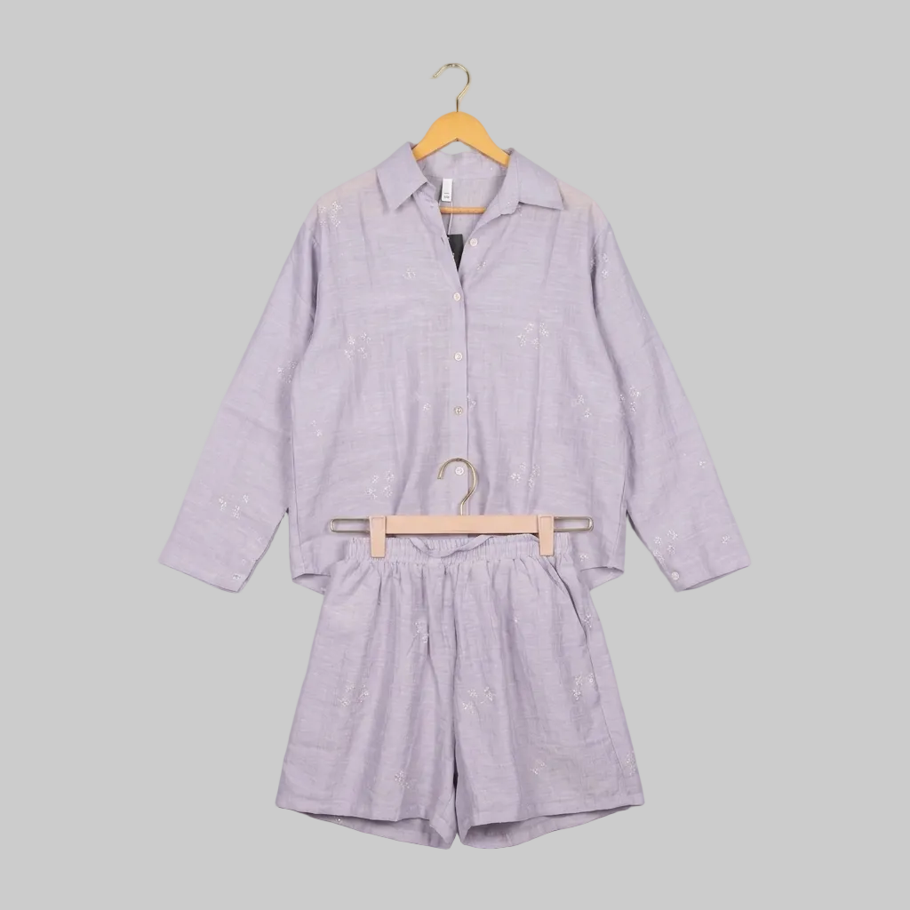 Textured Lavender Button-Down and Shorts Co-Ord Set