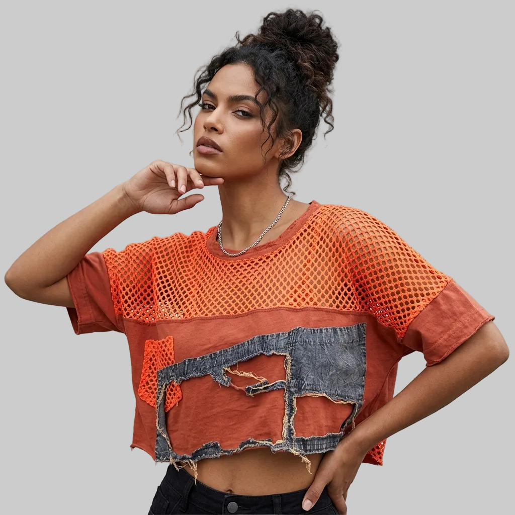 Deconstructed Punk Grunge Layered Mesh & Distressed Denim Patch Tee - Terracotta