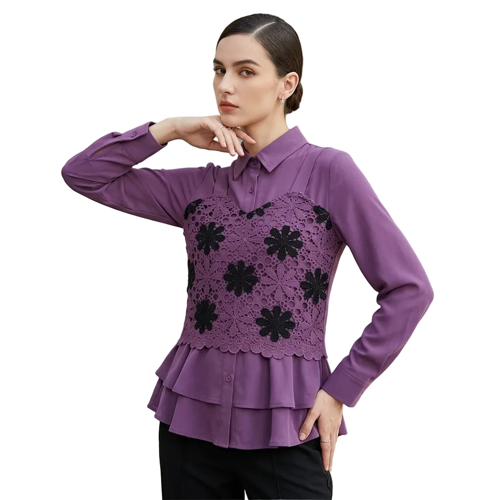 Lavender Lovelace: Intricate Floral Lace Layered Peplum Blouse - Magenta Purple