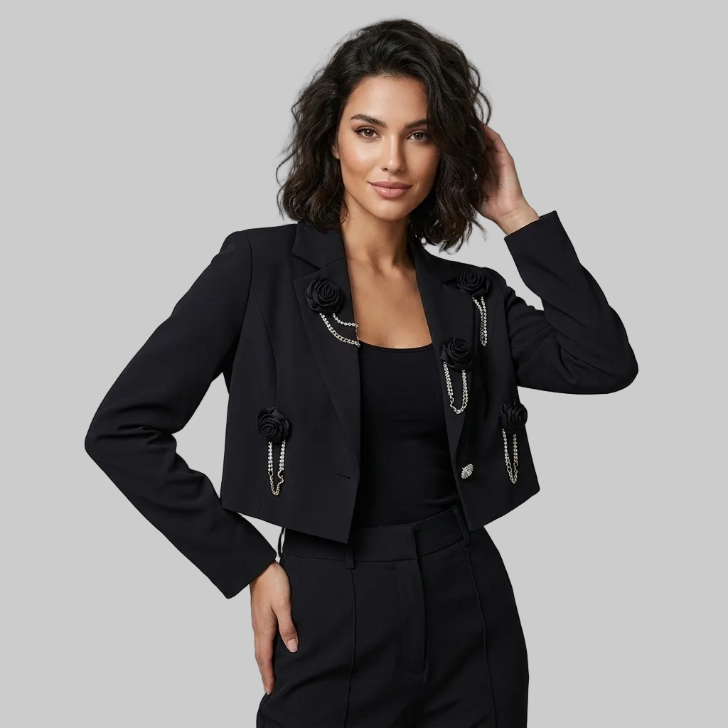Elegant Cropped Black Blazer with Rose Appliqués and Jeweled Chain Detail
