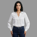 Elegant Satin Button-Up Blouse with Detachable Floral Appliqué and Bishop Sleeves