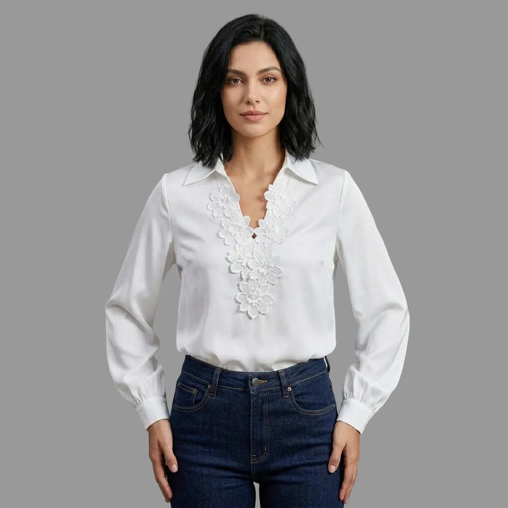 Elegant Satin Button-Up Blouse with Detachable Floral Appliqué and Bishop Sleeves