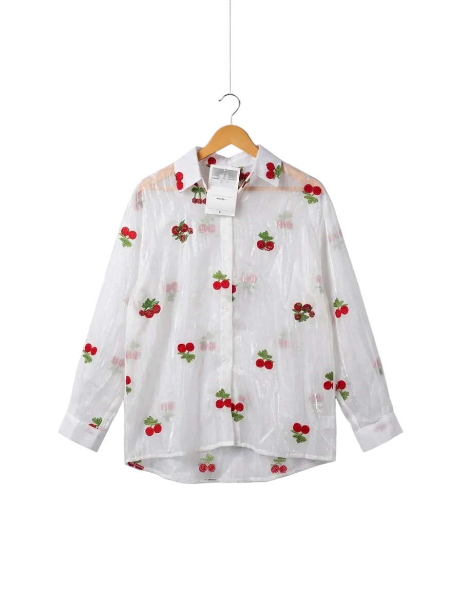 Sweet Cherry Embroidered Sheer Blouse