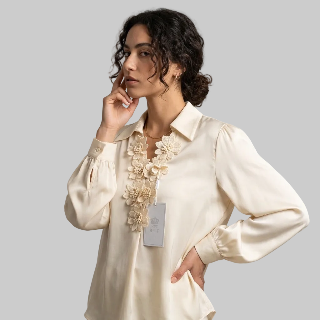 Cream Floral Appliqué Satin Blouse