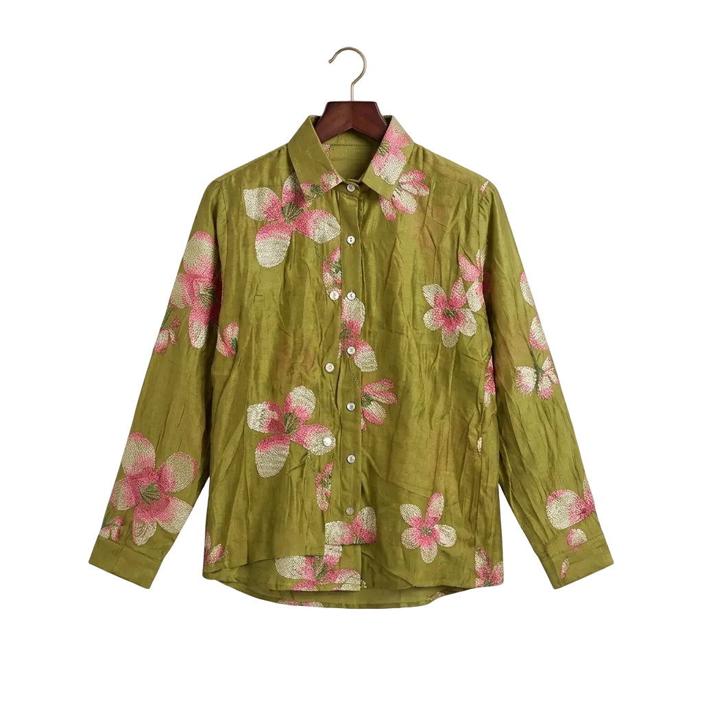 Earthy Olive Floral Embroidered Button-Down