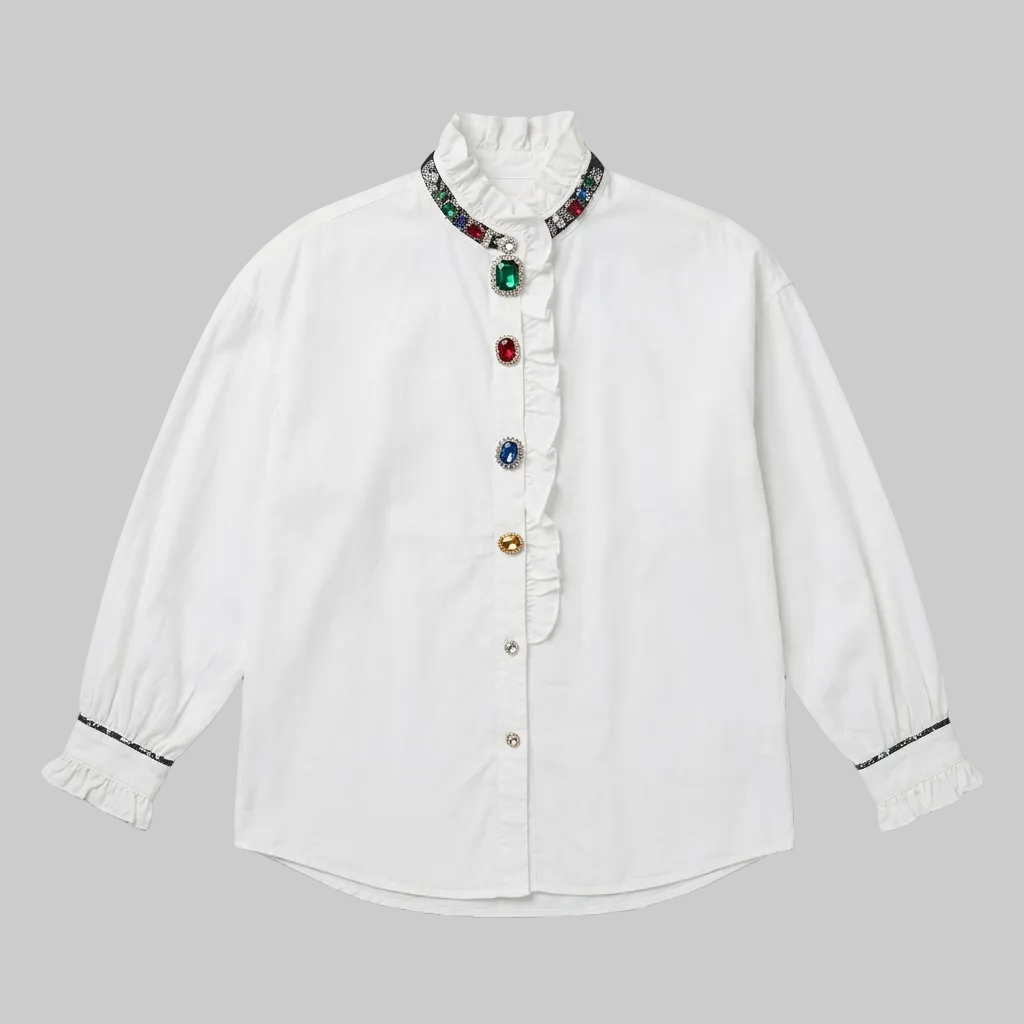 Regal Ruffled Statement Blouse – Crisp White with Jewel-Encrusted Collar